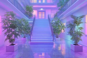 Vibrant indoor space with colorful lighting and lush greenery invites relaxation and creativity
