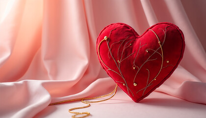 Luxurious crushed velvet heart with gold embroidery floating on soft pink silk background