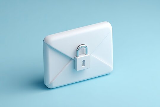 3D rendering of a white envelope with a silver padlock resting on it, on a blue background