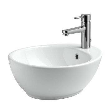 A contemporary, white, oval-shaped sink with a chrome faucet on a black background