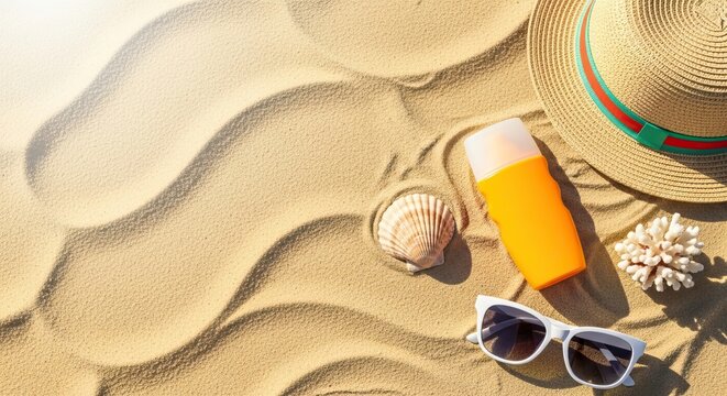Sunscreen, sunglasses, and hat on sandy beach with seashell and coral