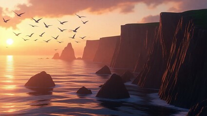 Coastal Cliffs at Sunset - A Serene Seascape with Birds.