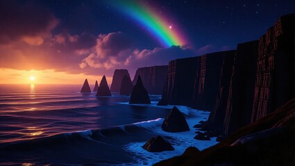 Coastal Cliffs at Sunset with Rainbow - A Serene Landscape.