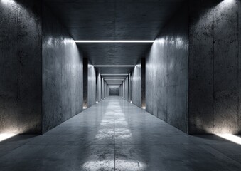 A stark, modern interior tunnel with concrete walls and ceiling, leading to a distant vanishing point