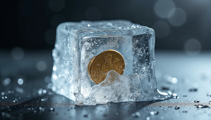 Melting ice cube with embedded coin symbolizing finance and bill payment