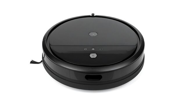 A sleek, black, circular automated vacuum cleaner sits isolated against a white backdrop. It has buttons and sensors on top, and a single brush