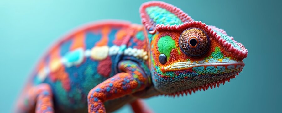 Vibrant chameleon portrait dynamic colour change against soft teal backdrop. Intense detail intricate patterns, textures. Striking image embodies adaptability, transformation, ideal for nature themes