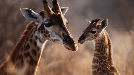 Close up portrait of a mother giraffe and her baby in a warm natural savanna setting showcasing their bond