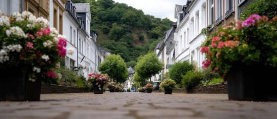 Obraz premium A serene pathway lined with greenery and charming buildings creates a cozy atmosphere perfect for leisurely walks and exploration
