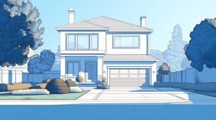 Detached two-story home with trees and fence at front in daylight. Possible for real estate ads