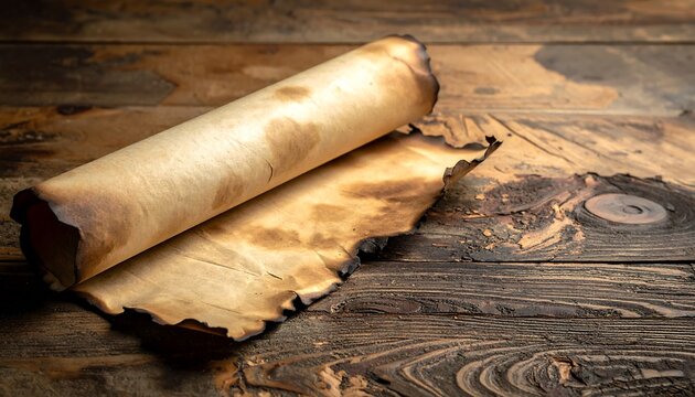 A rolled parchment, singed and aged, rests partially unfurled on weathered wooden planks. The parchment?s edges show burn marks