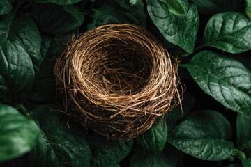 Brown, woven bird's nest centered amidst lush, deep green foliage, evoking nature's artistry