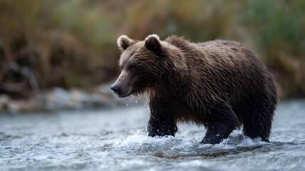 A brown bear wades through a shallow fast flowing river its fur wet in a natural wilderness setting