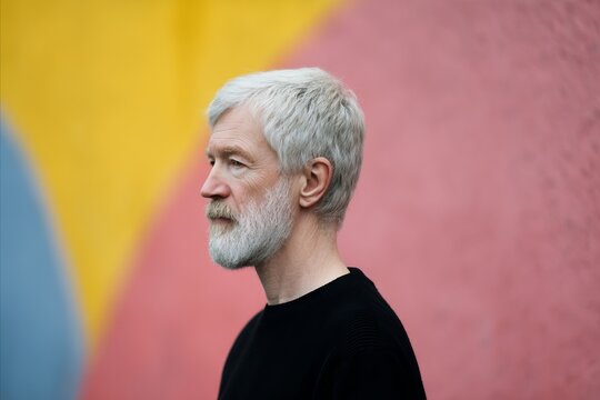 A contemplative elder Caucasian man in front of vibrant murals, embodying solstice meditation, portraying the reverie of Dia de San Juan