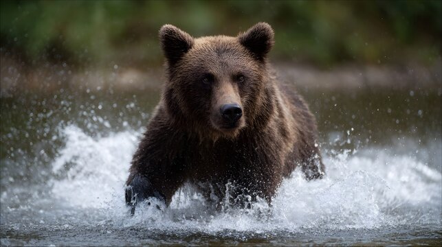 A powerful brown bear charges through a river creating dramatic splashes with its dynamic movement in the wild
