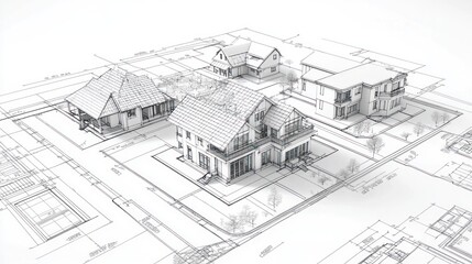 Four sketched houses on a blueprint with grid for planning real estate development