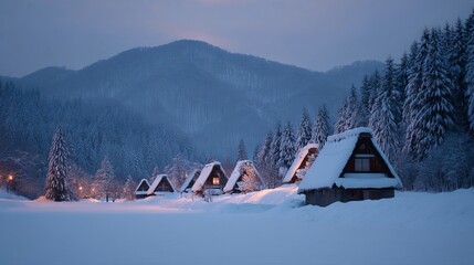 Snow-laden A-frame cabins nestle under twilight's embrace, evoking hygge coziness and Yule celebrations amidst whispering alpine woods