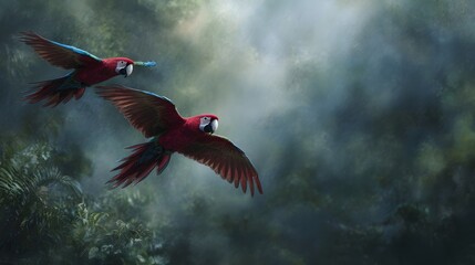 Two brilliantly colored aws fly gracefully through a dense misty tropical rainforest canopy showcasing vibrant plumage and natural beauty
