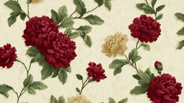 Crimson and cream blossoms dance against vintage wallpaper, evoking Lunar New Year elegance and Victorian garden nostalgia