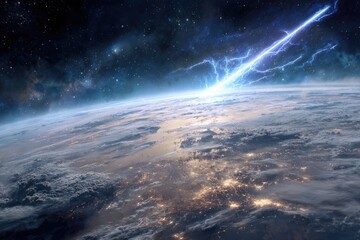 A cosmic lightning strike impacting a terrestrial planet, viewed from space with stars and clouds