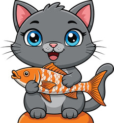 Cute cartoon gray cat holding orange fish, happy kitten smiling with big blue eyes, adorable pet vector illustration for kids