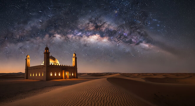 Illuminated mosque in desert landscape under a vibrant milky way galaxy at night with starry sky - Powered by Adobe