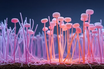 Vibrant pink fungi thrive in dreamy landscape, showcasing nature's beauty at twilight