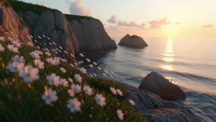 Coastal Serenity - Flowers, Cliffs, and Ocean at Sunrise.