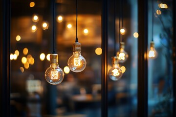 Decorative light bulbs hang in front of a window
