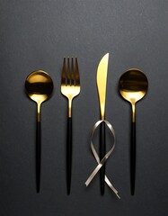 Gold and black dining cutlery arranged on a dark background