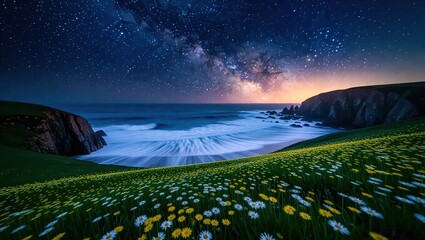 Coastal Serenity - Milky Way Over Lush Meadow and Ocean Waves.