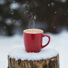 Hot coffee in red mug on snowy stump in winter landscape with falling snowflakes