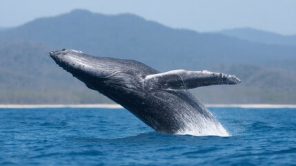 Naklejka premium A majestic humpback whale breaches azure waves, celebrating World Oceans Day and the mystic aura of Lunar New Year