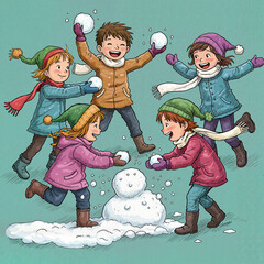 Children playing with snowballs in winter fun with snowman on playful blue background
