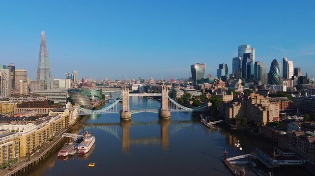 London Skyline Aerial Cityscape Flythrough Over River Thames Towards Tower Bridge