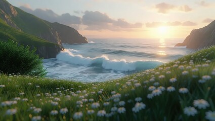 Coastal Serenity - Waves Crashing on a Flower-Filled Shore at Sunset.