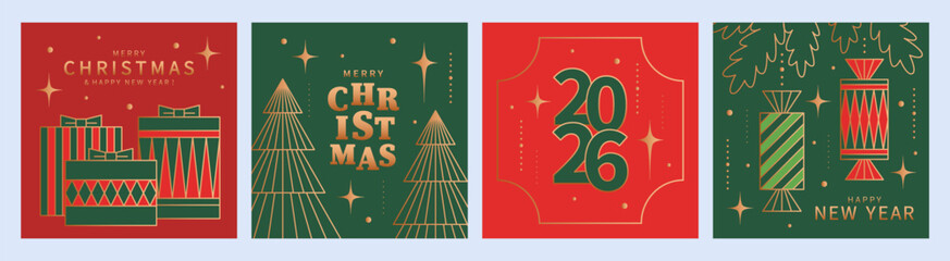Christmas backgrounds with gold line Christmas tree, stars, gifts, sweets. Merry Christmas and Happy New Year greeting card Set. Colorful geometric vector design for winter holidays.