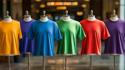 Colorful t-shirts displayed on mannequins inside a shopping mall during the daytime - Powered by Adobe