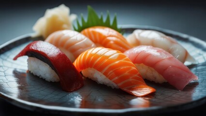 A platter of assorted sushi, artfully arranged