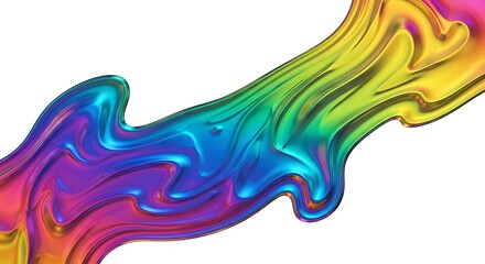 A vibrant, swirling stream of rainbowcolored metallic liquid or paint, isolated on a white background