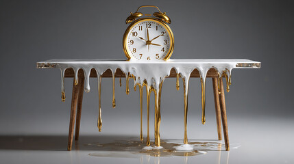 A melting clock drapes over a transparent desk with realistic reflections. The hyperrealistic scene symbolizes time distortion, impermanence, and modern surrealism, blending clarity, gravity, and quie