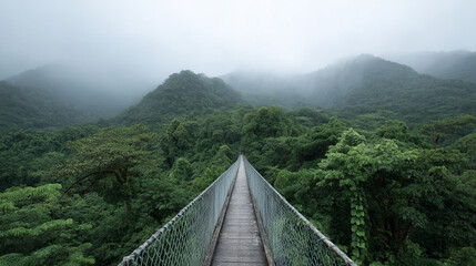 Obraz premium Suspended mist over lush rainforest canopy bridge evokes mystery, perfect for Dia de los Muertos or World Rainforest Day