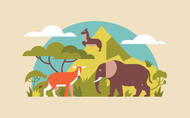 Flat design wildlife conservation scene with animals and lush greenery preserving nature