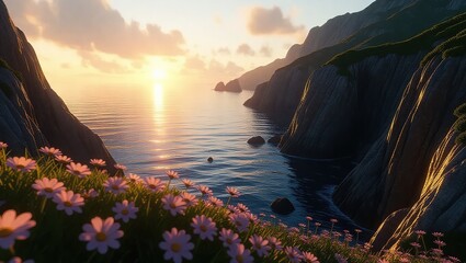 Coastal Sunrise Over a Serene Ocean with Pink Wildflowers.