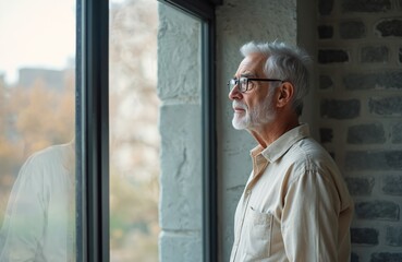 Pensive senior man gazes out window reflecting autumn scenery. He wears glasses, light shirt, conveying solitude, introspection. Muted tones suggest melancholy, contemplation of lifes passage.