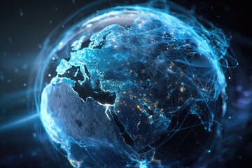 A luminous globe, detailed with city lights, overlaid by glowing, interconnected lines