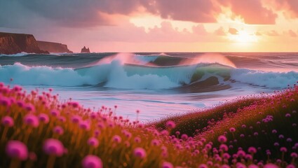 Coastal Sunset Over Ocean Waves with Wildflowers.