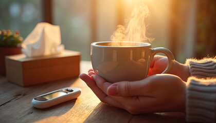 Close-up of hand holding steaming cup of hot tea on table with tissues and thermometer in cold season