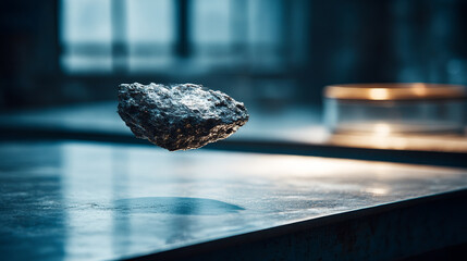 A meteor fragment levitating above a reflective lab table symbolizing scientific discovery cosmic mystery and advanced experimentation representing the intersection of space matter and human curiosity