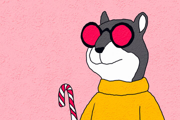 Stylish raccoon with sunglasses and candy cane